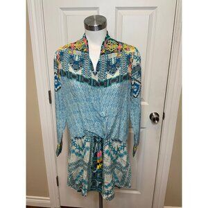 Rococo Sand Beadec Blue Geometric Silk Mini Dress, Size S